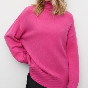 Hot Pink Turtleneck Dropped Shoulder Long Sleeve Sweater